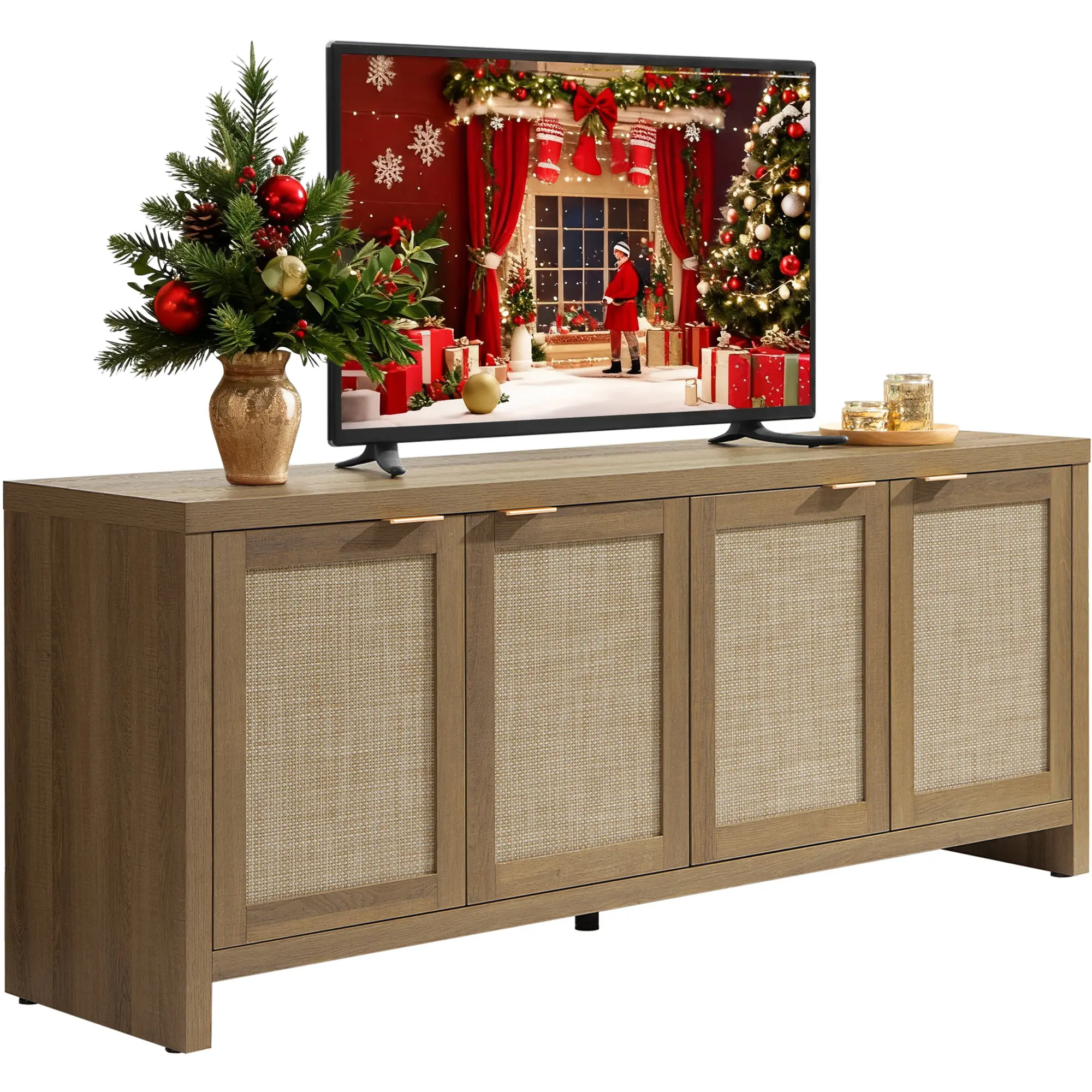 SICOTAS TV Stand for Living Room Boho Entertainment Center for Bedroom with 4 Rattan Cabinets Farmhouse Television Stands with Storage Large Wood Media Console Table for TVs up to 45 50 55 60 65 Inch,dorm essentials,home decor