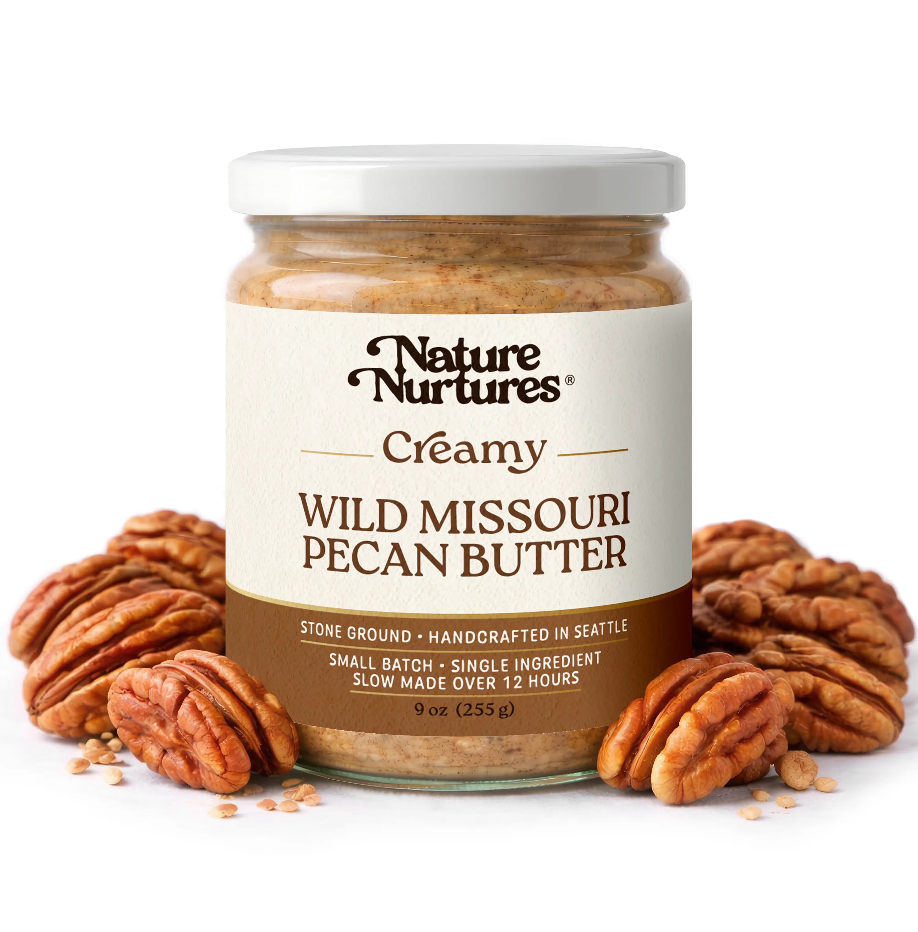 Creamy Wild Pecan Butter · 100% Wild Pecans · Single Ingredient · No Fillers · Raw · Stone Ground for 12 Hours · Small Batch · Handcrafted in USA · High Protein · 100% Pure & Natural · No Added Sugar · No Palm Oil · Packed in Glass Jar · 9 oz (255 g)