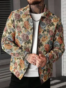 Men's Retro Botanical Tapestry Zip-Up Jacket, Featuring Bold Floral Motif
