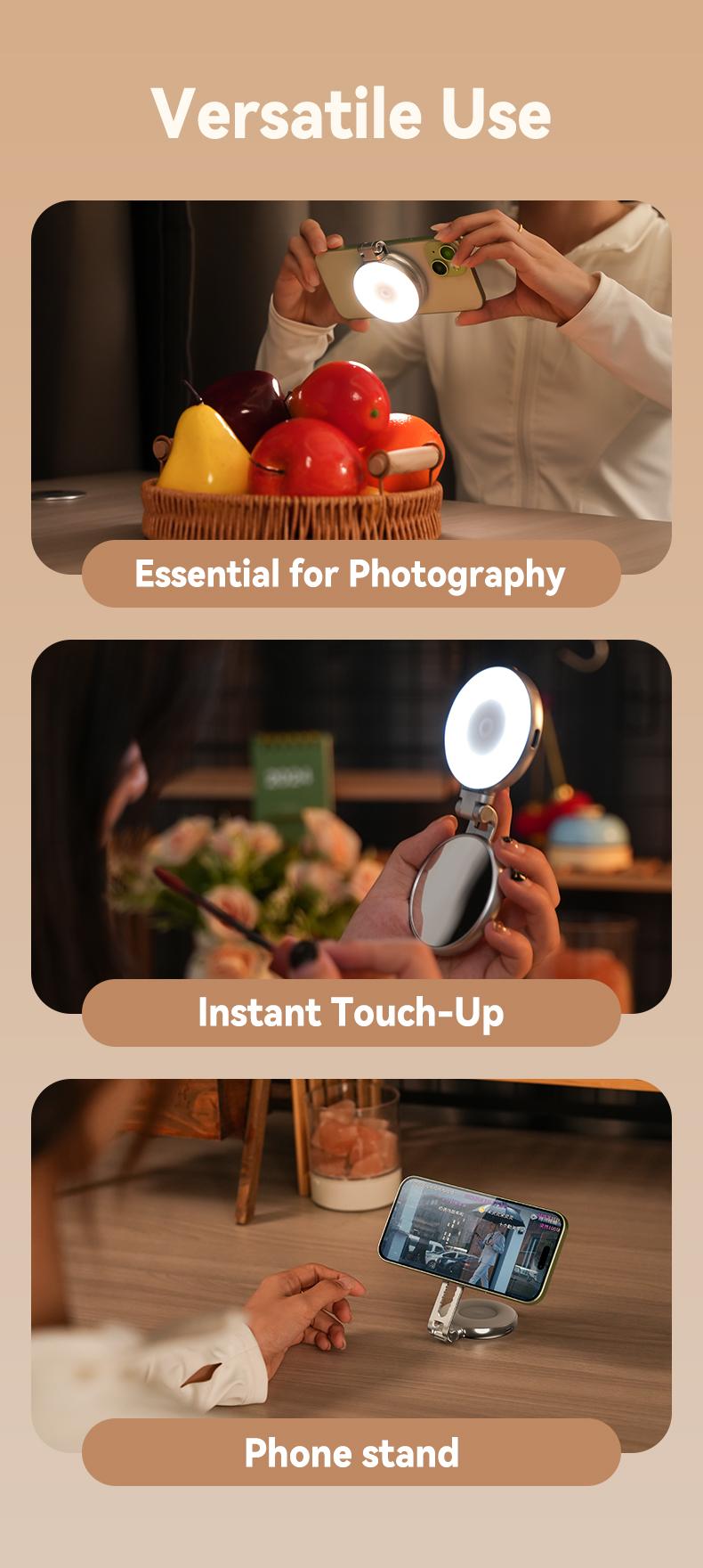 TELESIN 3 Color Temperatures Magnetic Mirror Selfie Light 360° LED Ring Light with MagSafe, Mirror and Phone Stand, Portable Rechargeable Light,for Makeup, Live Streaming, Video,Compatible with iPhone 17/all series, Samsung,Android,Mother's Day Gifts