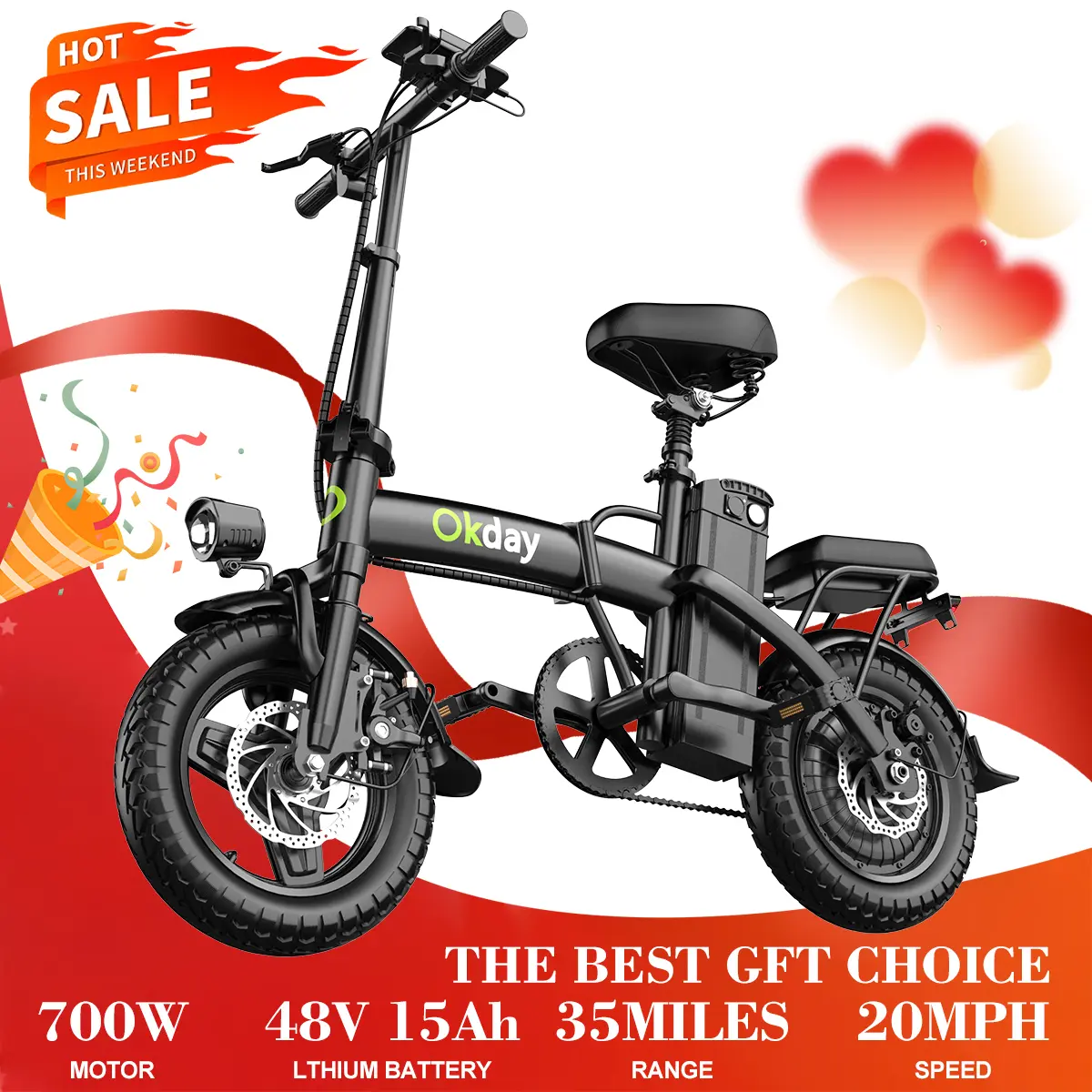 OKDAY Adult Electric Bike, 14" Minimalist Foldable Steel Frame Commuter Bikes, 700W Motor, 48V 15Ah Battery, Dual Suspension, Disc Brakes, for Urban Commute (Charge Before Ride)