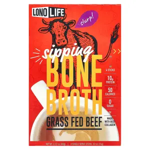 Lonolife Sipping Bone Broth, Grass Fed Beef, 4 Single Serve Stick Packs, 0.53 oz (15 g) Each