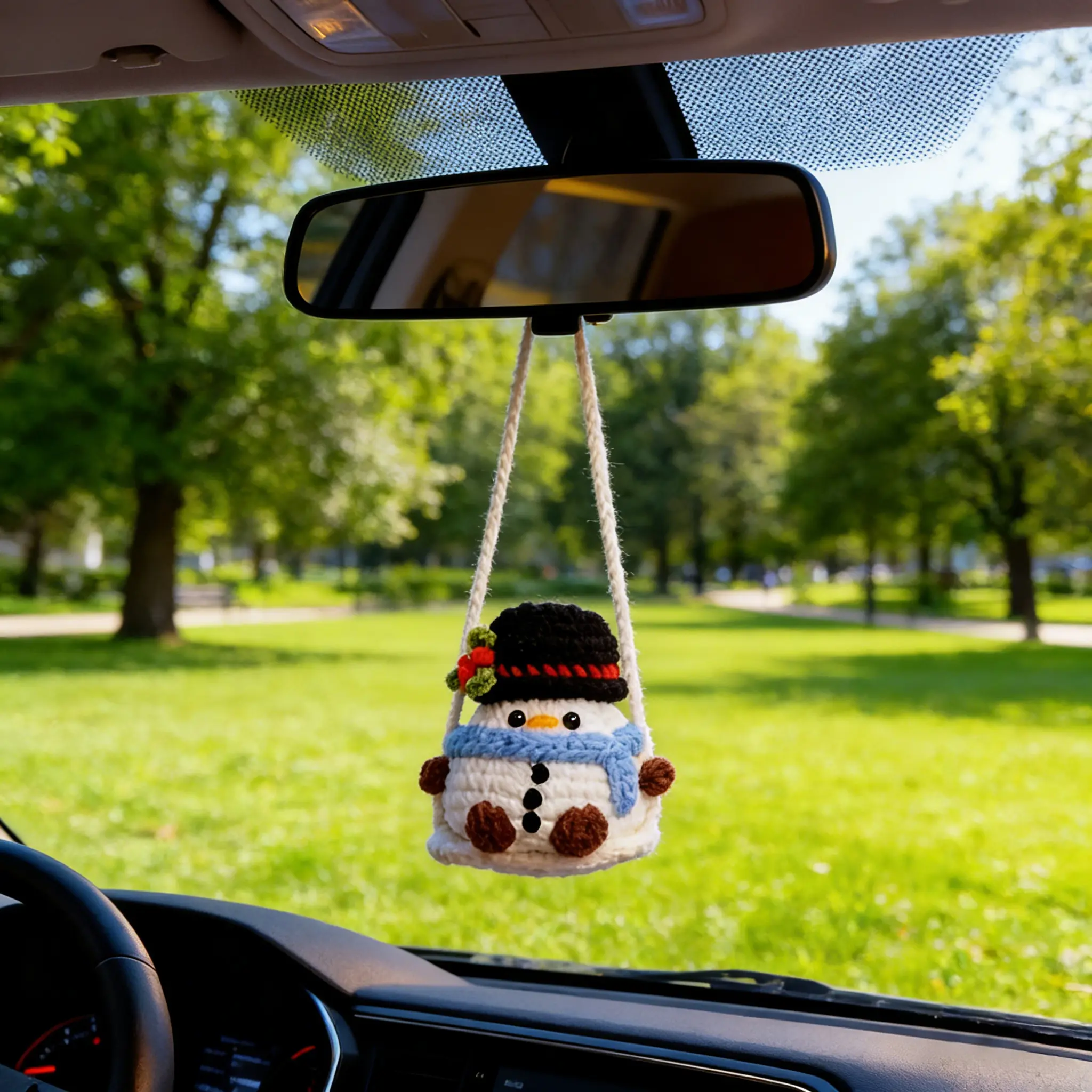 Swinging Holiday Crochet - Christmas Car Hanging Decor with Santa Tree Snowman - Handmade Amigurumi Festive Ornament Set, Cars