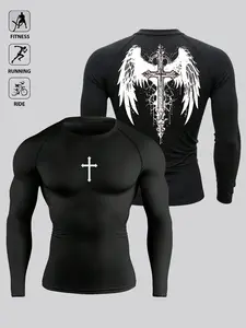 Men's Wing & Cross Print Compression Tight Fit Long Sleeve Sports Shirt Workout Tops Gym Top Compression Shirt Breathable Fitted Shirt Crew Neck Bodybuilding Workout  Fitness Sportswear Menswear Tight Tops
