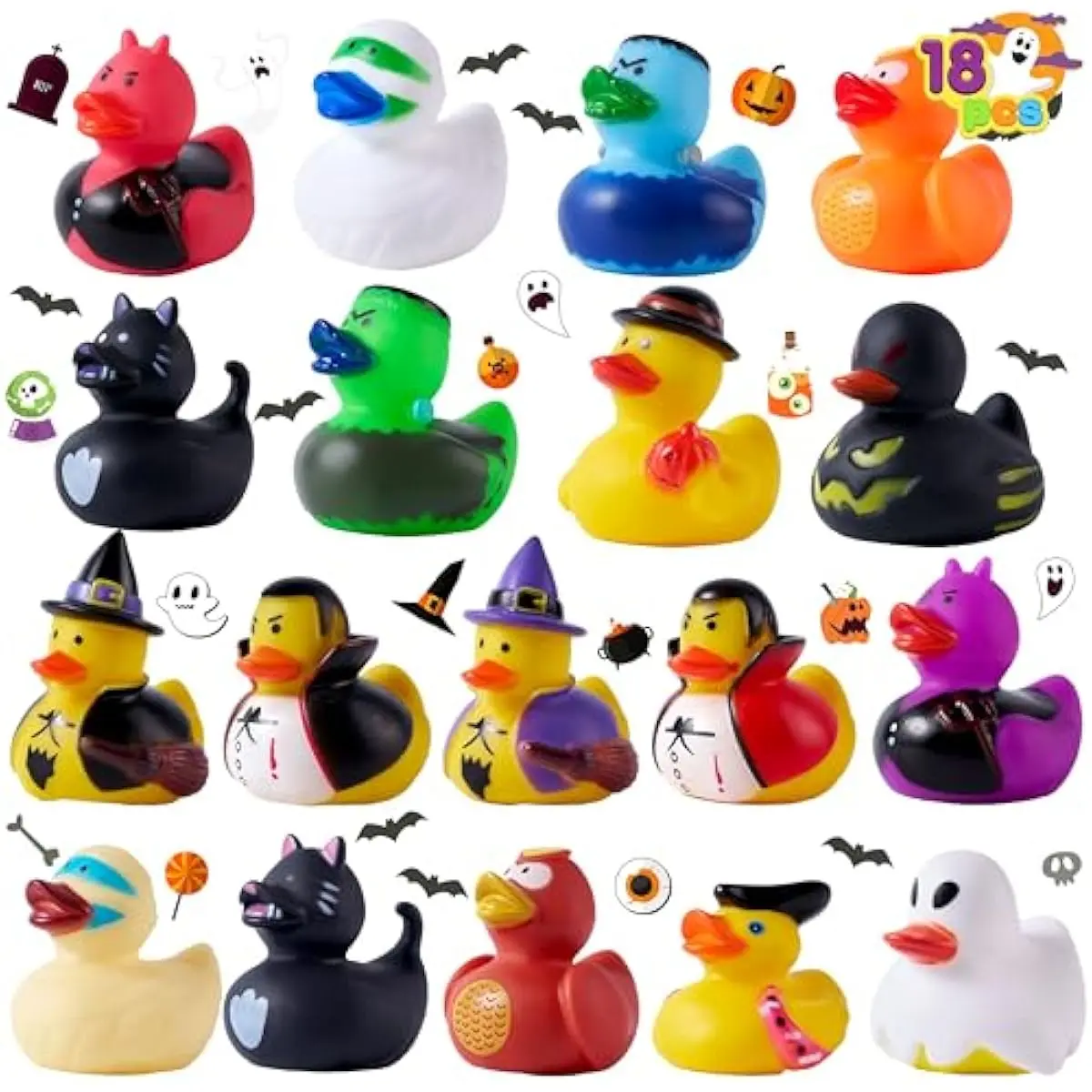 18 PCS Halloween Rubber Ducks, Halloween Ducks Toys for Trick or Treating Goodie Bag Fillers, Bathtub Toys Duckies for Halloween Party Favors Decorations, School Classroom Game Prizes