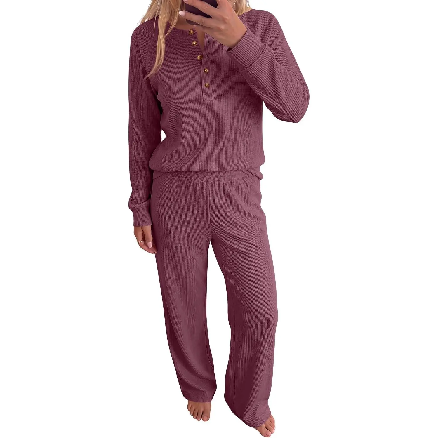 ANRABESS 2 Piece Sweatsuit Lounge Sets for Women | Waffle Knit Long Sleeve Henley Shirt & Wide Leg Pants, Relaxed Matching Outfit, Airport Travel Vacation, Fall Clothing
