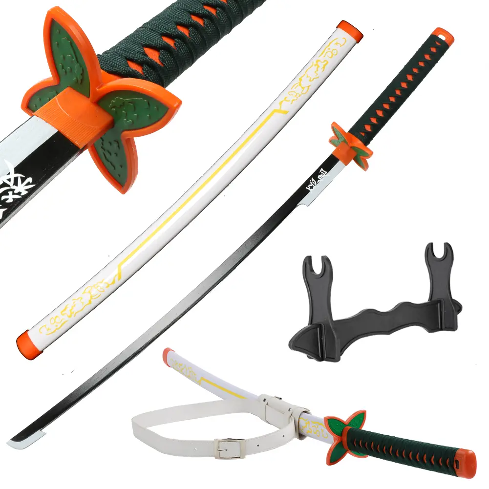 Kochou Shinobu Prop Sword from Demon Slayer, 41-Inch Bamboo Katana for Halloween Cosplay Role Playing, Includes Belt and Holder Stand, Plastic, Decoration, Wood, Safe Blade