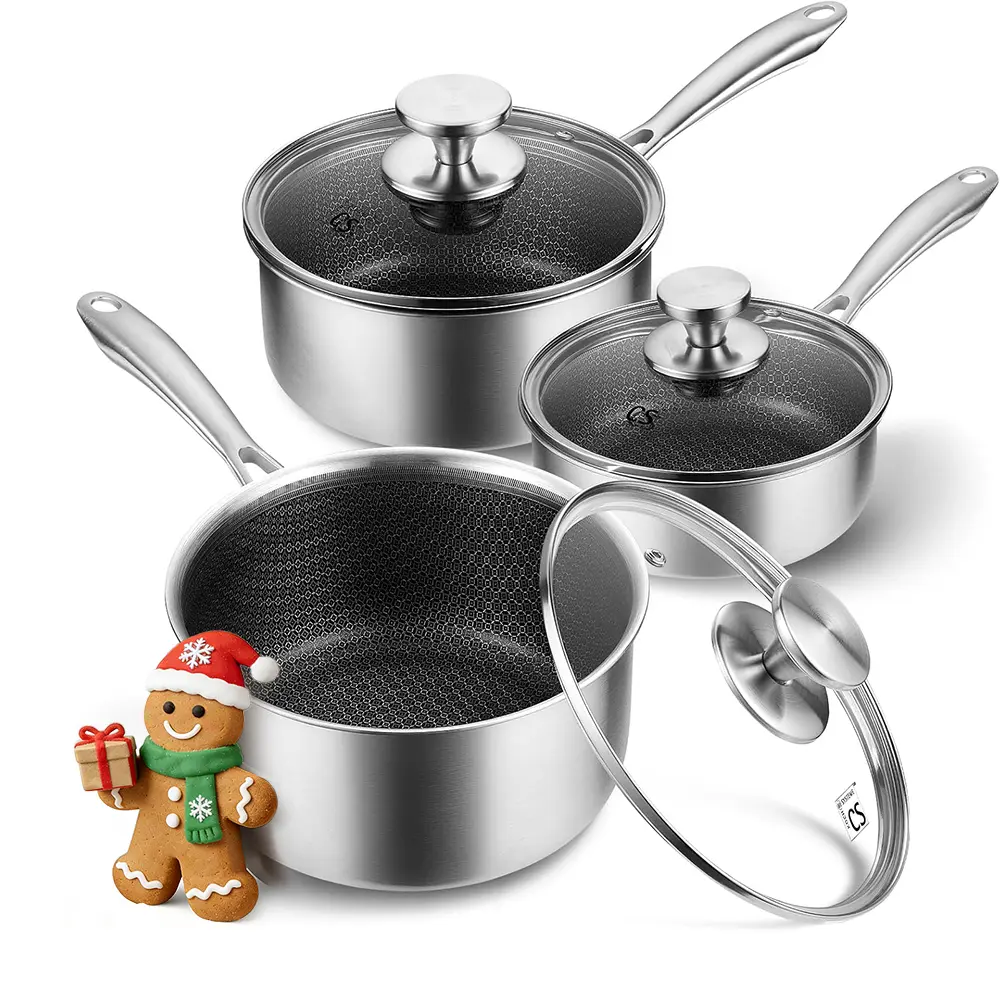 KOCH SYSTEME CS 1+2+3 Quart Tri-Ply Stainless Steel Sauce Pan with Nonstick Honeycomb Interior - Hybrid Stainless Skillet, Non-Toxic, Induction Compatible, Oven Safe for Gas, Electric & Induction Stovetops, gifts for women, Cookware, Saucepan