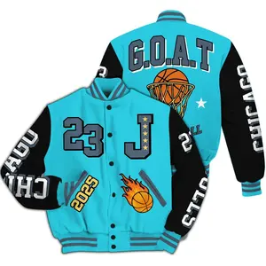 Varsity Jacket To Match Retro Gamma Blue 11s Chicago 23 Basketball All Over Print High-Grade Polyester Knit Fabric Snap Closure Elastic Details Side Seam Pockets