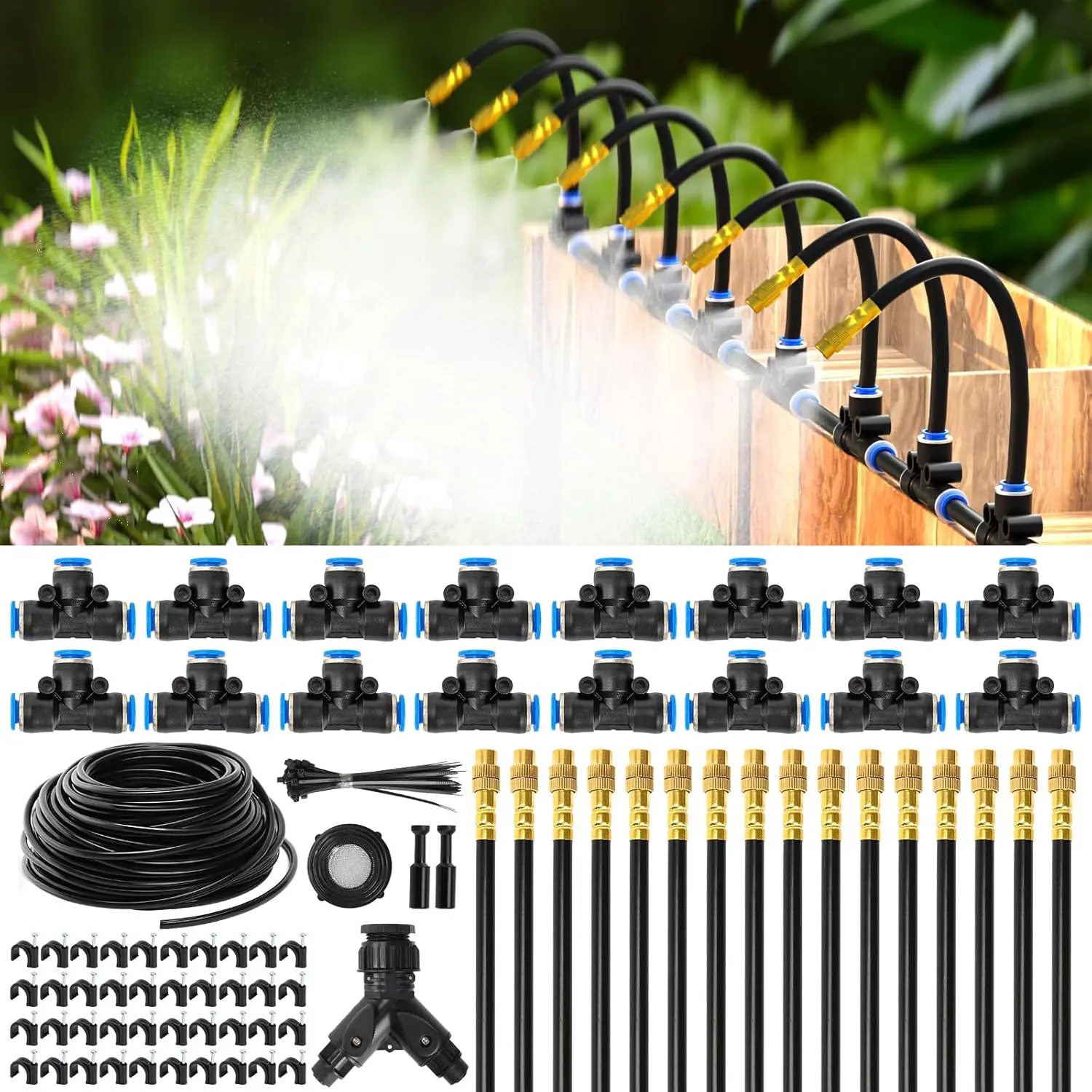 100Ft 1/4 Inch Drip Irrigation System Kit - 2026-Upgrade Automatic Atomizing Sprinkler with 16 Adjustable Copper Nozzles, Irrigates Plants, DIY Setup for Outdoor Backyard Garden Accessories