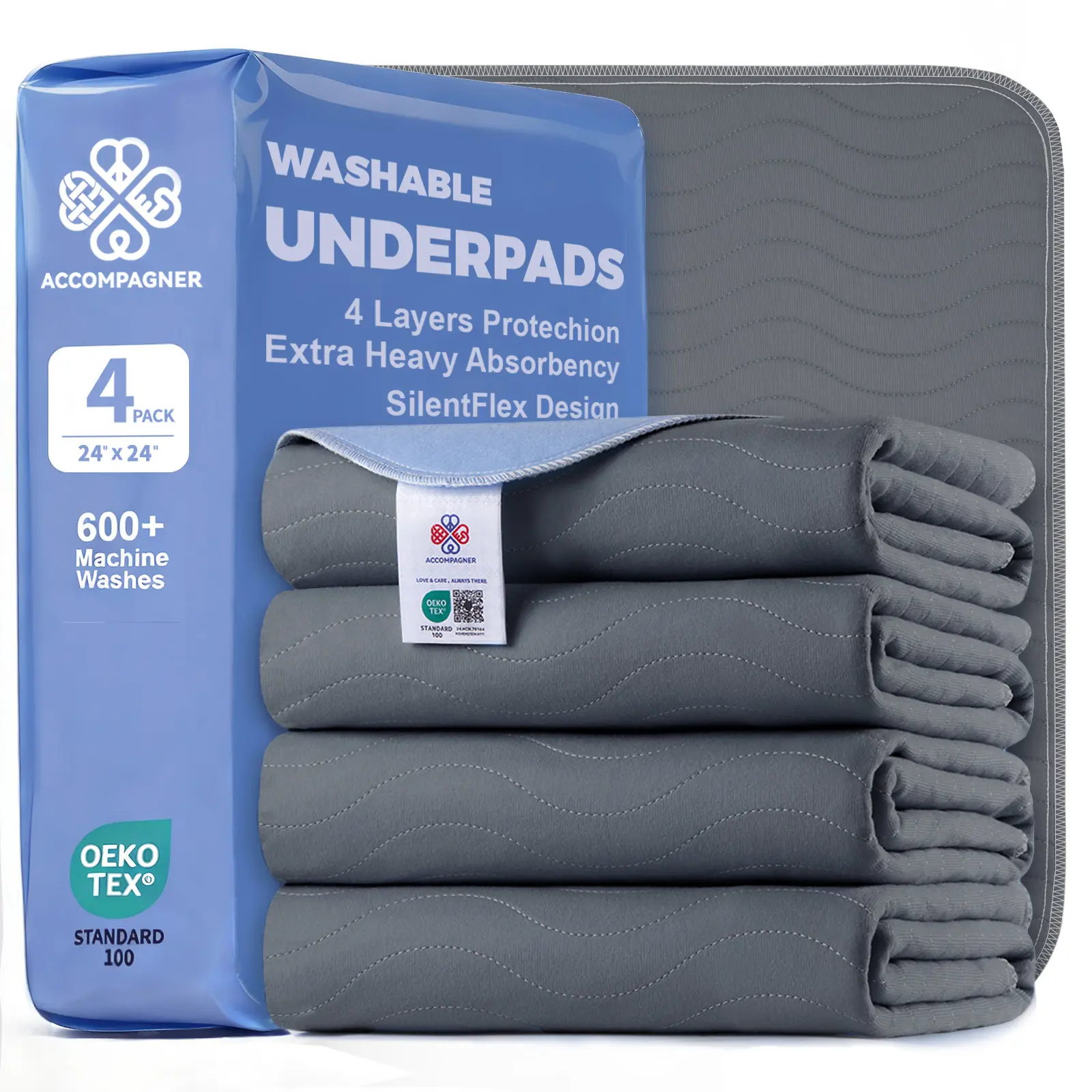 ACCOMPAGNER Washable Incontinence Bed Pads, Ultra-Absorbent Waterproof Pee Pads for Adults, Kids & Pets, Non-Slip Reusable Underpads for Bed, Sofa & Couch, OEKO-TEX Certified, Machine Washable 600+ Times