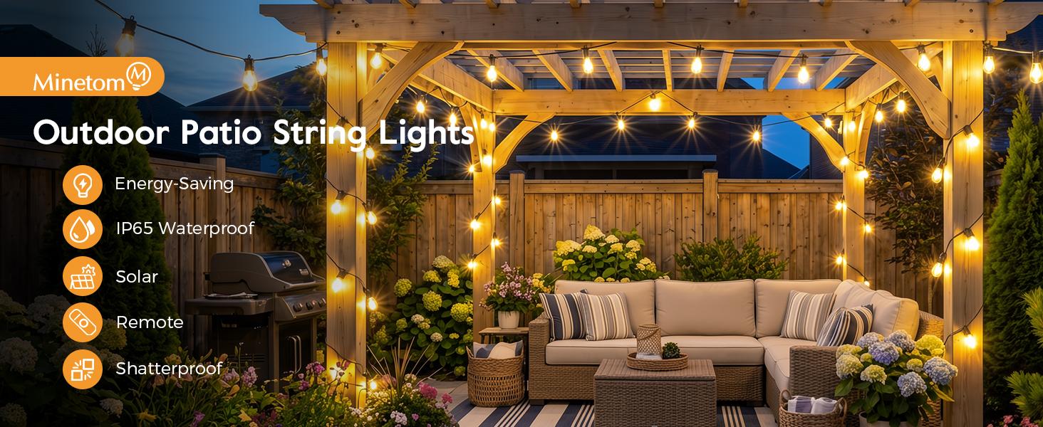 Minetom 100FT Solar String Lights Outdoor Waterproof, 31+2LED S14 Shatterproof Bulb, Patio Lights with Remote Type-C Port Timable, 3 Light Modes Dimmable Solar String Lights for Outside, Yard, Camping Minetom 100FT Solar String Lights Outdoor Waterproof, 31+2LED S14 Shatterproof Bulb, Patio Lights with Remote Type-C Port Timable, 3 Light Modes Dimmable Solar String Lights for Outside, Yard, Camping