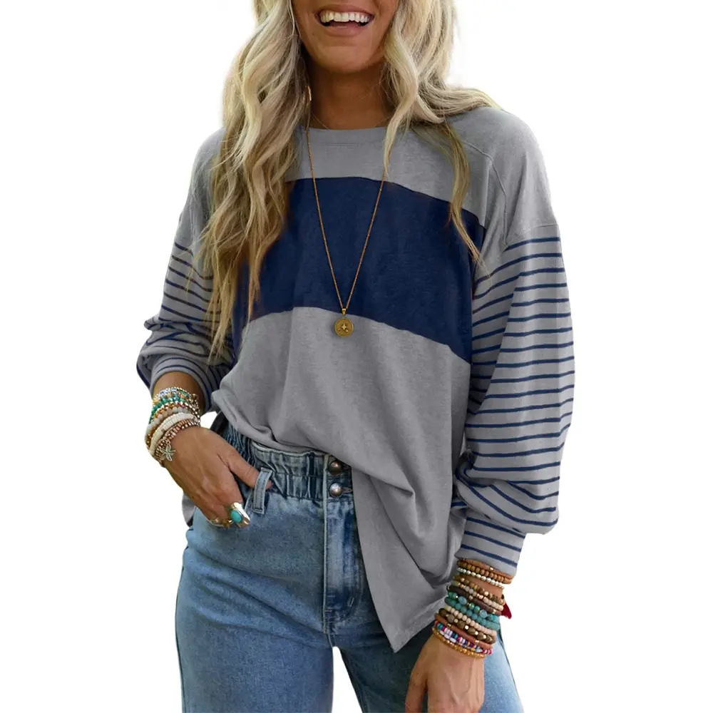 Dokotoo Long Sleeve Fall Tops Oversized 2026 Trendy Round Crew Neck Casual Color Block Womens Shirts Blouses
