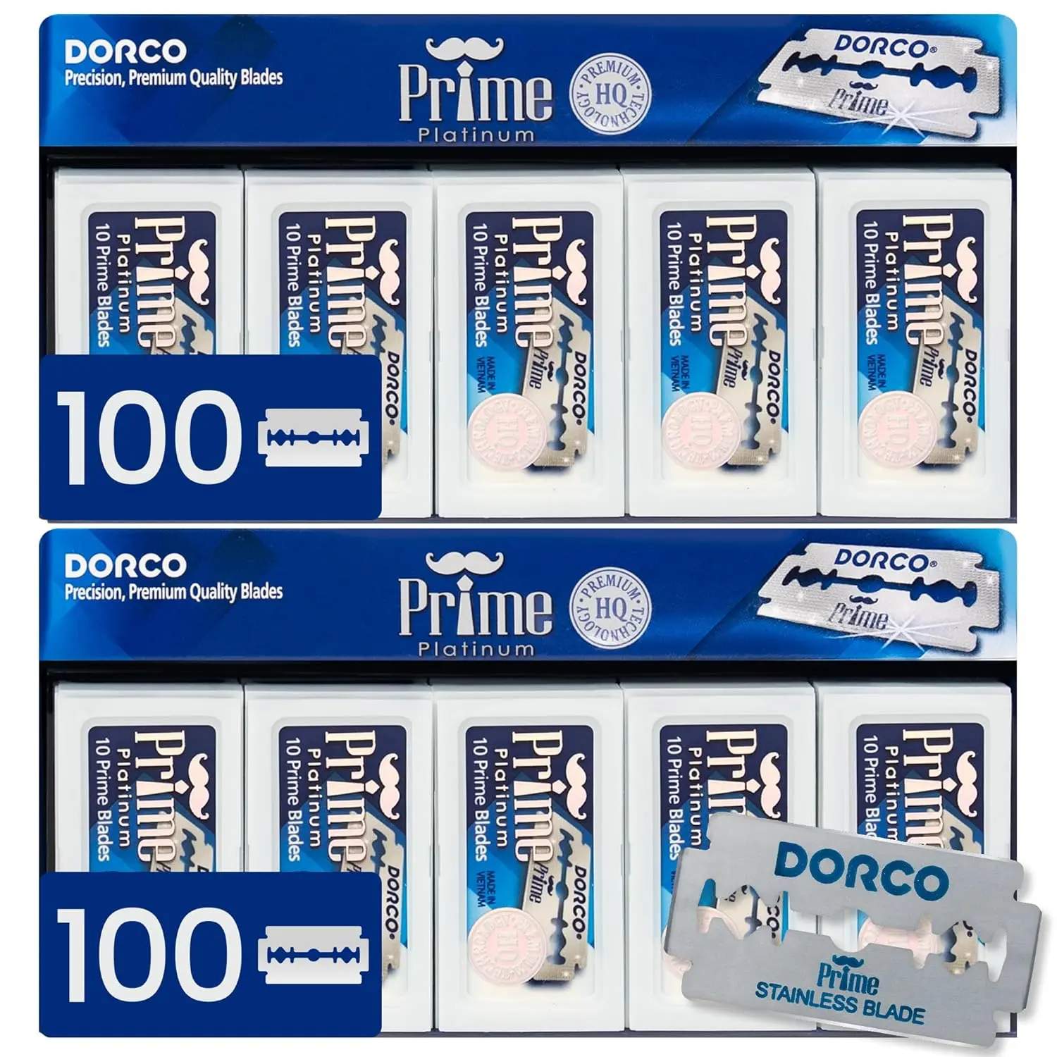 DORCO Prime Platinum STP301 Traditional Double Edge Razor Blades Bundle, 200 Unscented Premium Stainless Steel Rust-Proof Platinum-Coated Pieces for Smooth Shaves, Blade Razor Razors