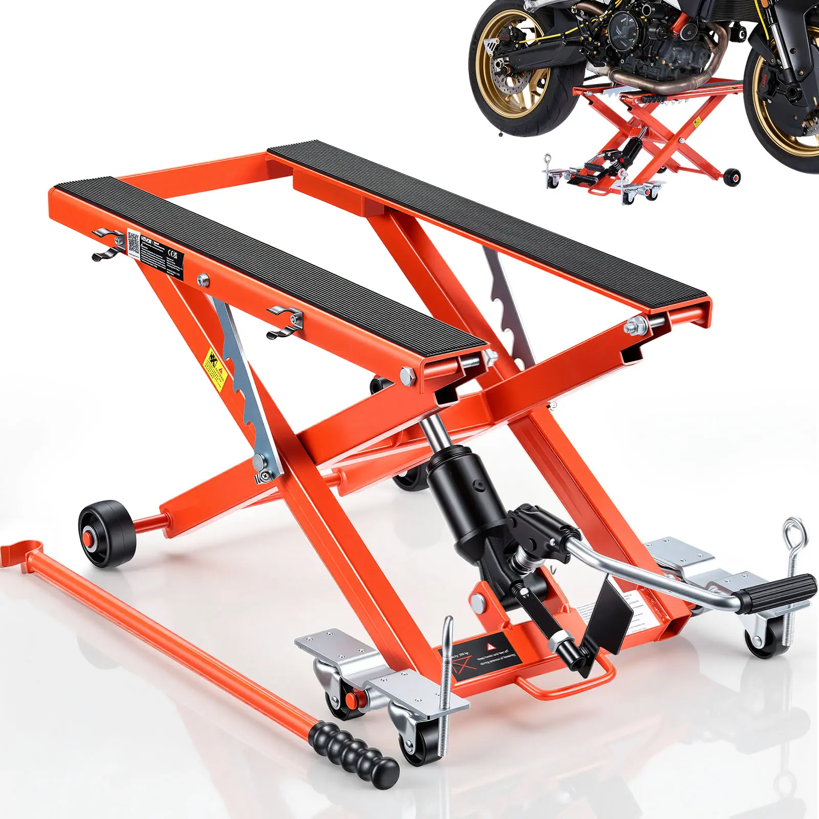 VEVOR Hydraulic Motorcycle Lift Jack, Heavy-Duty Steel Frame Car Repair Tools with Hydraulic Pump, 6-Wheel Stability Foot-Pedal Lift, Adjustable Height 4.72"-15.15", Portable Hoist Stand with Extended Non-Slip Platform for Dirt Bikes