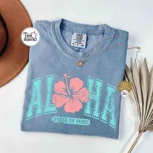 Comfort Colors Vintage Aloha T-Shirt, Summer Shirts, State of Mind, Varsity Hawaii Shirt, Hibiscus Flower tee, Aloha Vacation Apparel Gift