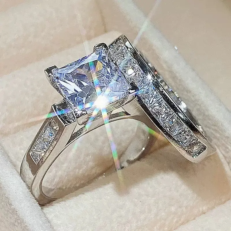 Women's 2-Piece Wedding Ring Set, Silver Plated Princess Cut Cubic Zirconia Solitaire Engagement Ring with Matching Pave Band, Bridal Proposal Jewelry, Rings For Women