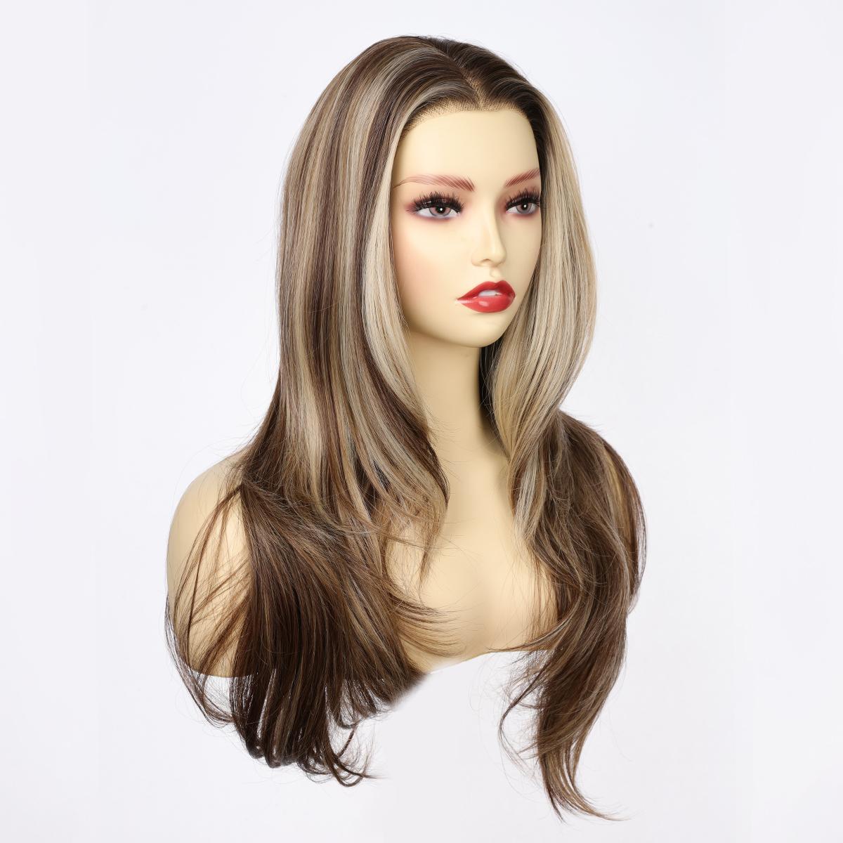 Valeria - MaxFull Dark Ash Brown Wig | Platinum Blonde Chunky Highlights, Pre-Cut 13×5 Skin-Melt HD Lace, Free Part, Face-Framing Layered, Soft Effortless Waves Wig