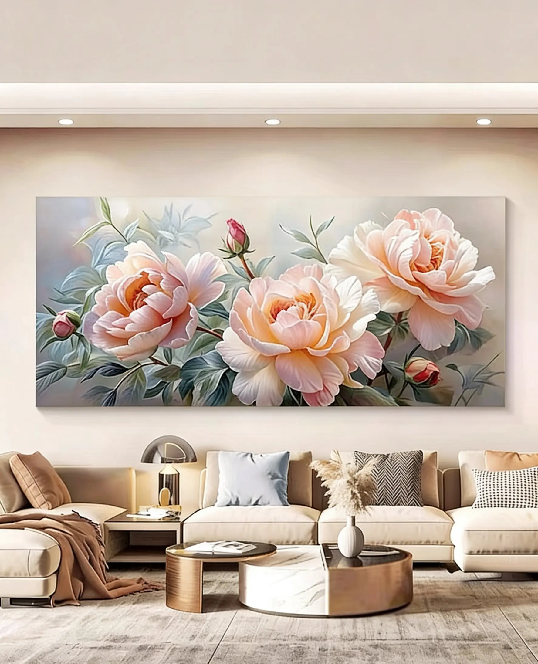 A large-sized framed picture featuring blooming flowers and auspicious patterns, suitable for the living room. Restaurant. Office room, creating a relaxing and soothing atmosphere