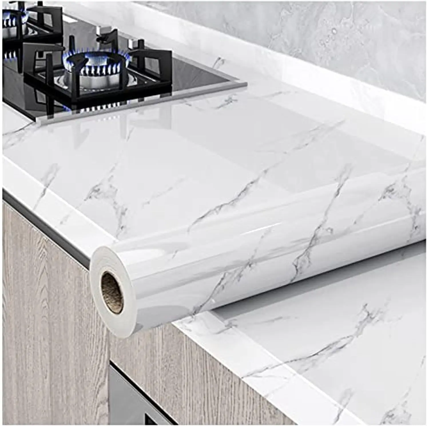 Glossy Marble Vinyl Sticky Paper Wallpaper, Pre-Glued Adhesive Waterproof Self-Adhesive Removable 15.8in×118in, for Kitchen Countertop & Furniture, Adhesive Wallpaper Waterproof