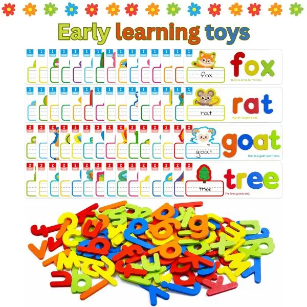 82PCS CVC Word Builder for Kids – See & Spell Phonics Learning Toy with 52 Wooden Letters & 30 Cards, Preschool STEM Toy Age 3+