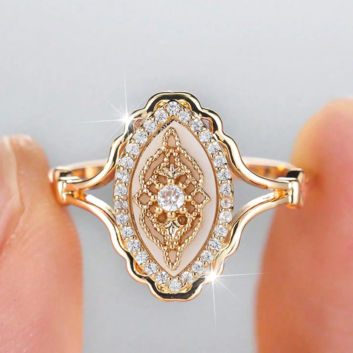 Vintage Style Mother-of-Pearl Ring, Women's Oval Cubic Zirconia Ring, Women's Promise Ring