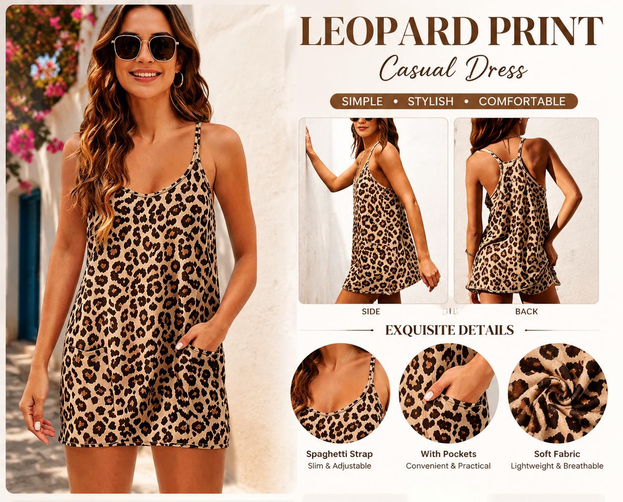 Tanming x katrinadimiele Women's Leopard-Print Athletic Romper Dress - V-Neck, Spaghetti Straps, Sleeveless, Built-in Shorts - Summer Sporty Active Wear Dress for Casual, Workout, Yoga (Women's Clothes), Athletic Dresses, Sporty Dress