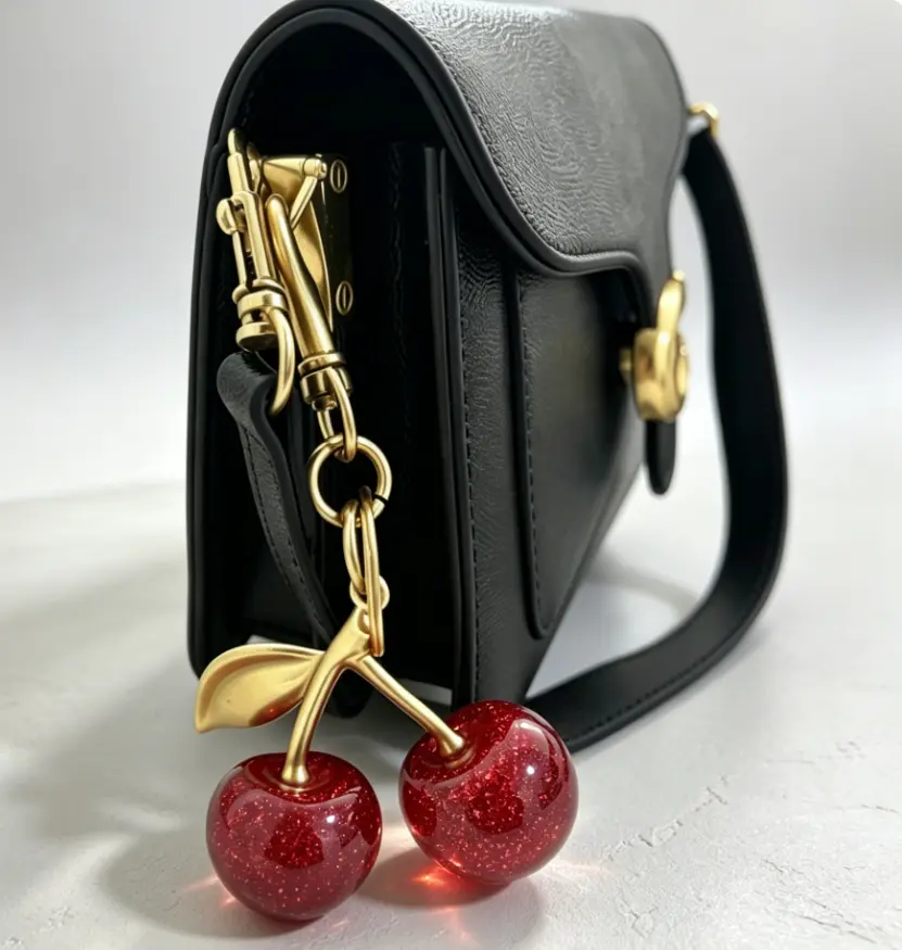 Shiny Red Cherry Bag Charm / Cute Cherry Keychain - Stylish Y2K-Style Women's Bag Accessory (Bag Included)