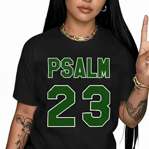 Women's Psalm 23 Jersey Premium T-Shirt - Cotton Casual Short Sleeve Crew Neck Top with Bold Green Lettering Soft Breathable Fabric for Holiday Parties and Gift Giving