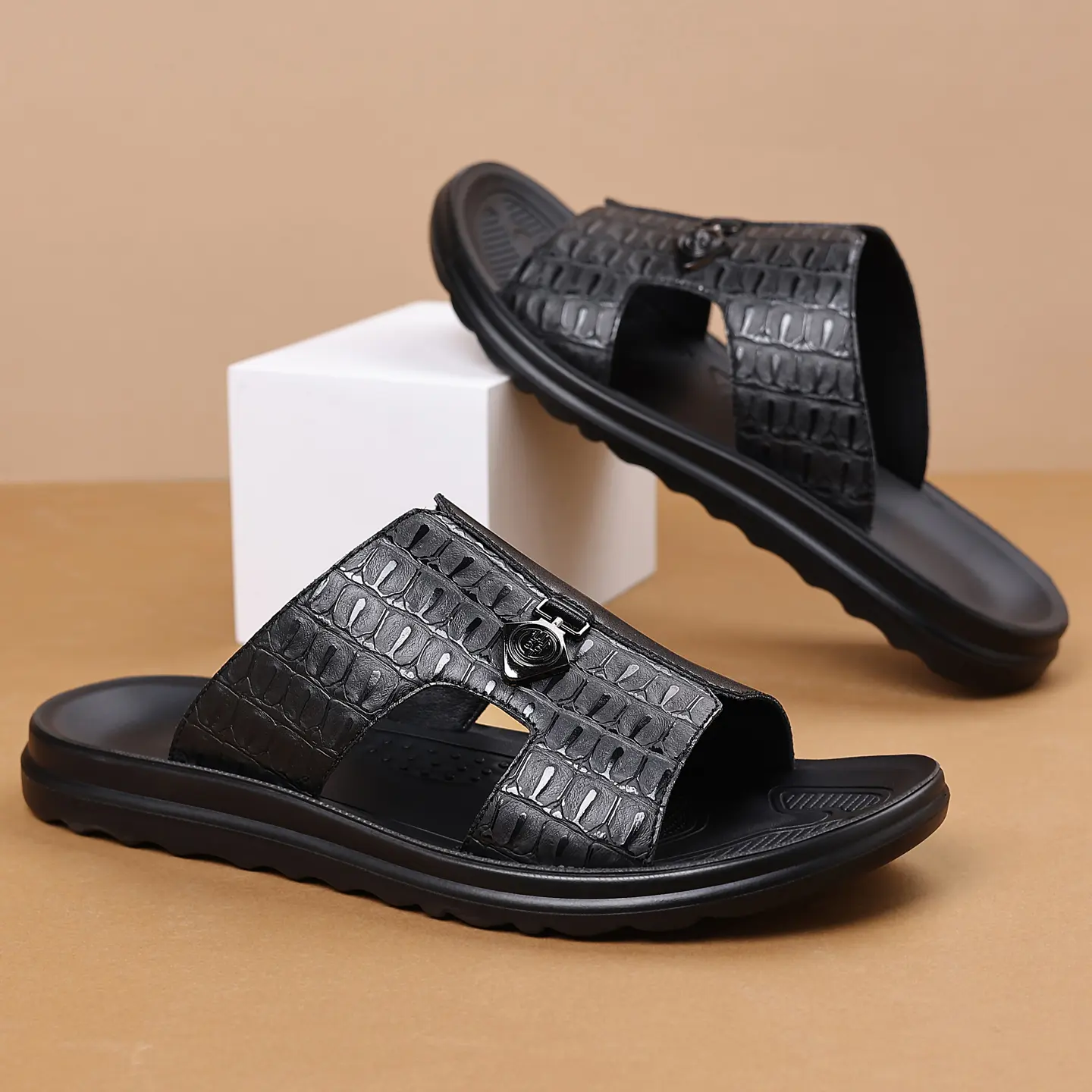Men's Vegan Leather Summer Fashion Sandal & Stylish Slipper with Mixed-Texture Design | Quick Dry Sandals with Anti-Slip Sole | Beach Shoes for Men & Beach Casual Wear | Outdoor Beach Shoe, Outdoor Sandal for Indoor Use & Outdoor Entertainment Footwear Co