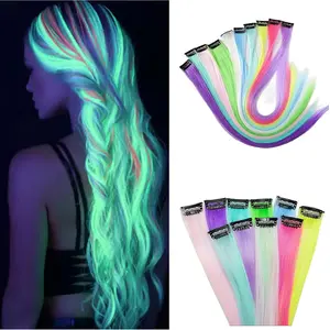 10 Pcs Glow in Dark Clip In Hair Accessories 22 Inch Colorful Synthetic Rainbow Extensions UV Reactive Straight for Women Party Use summerwins