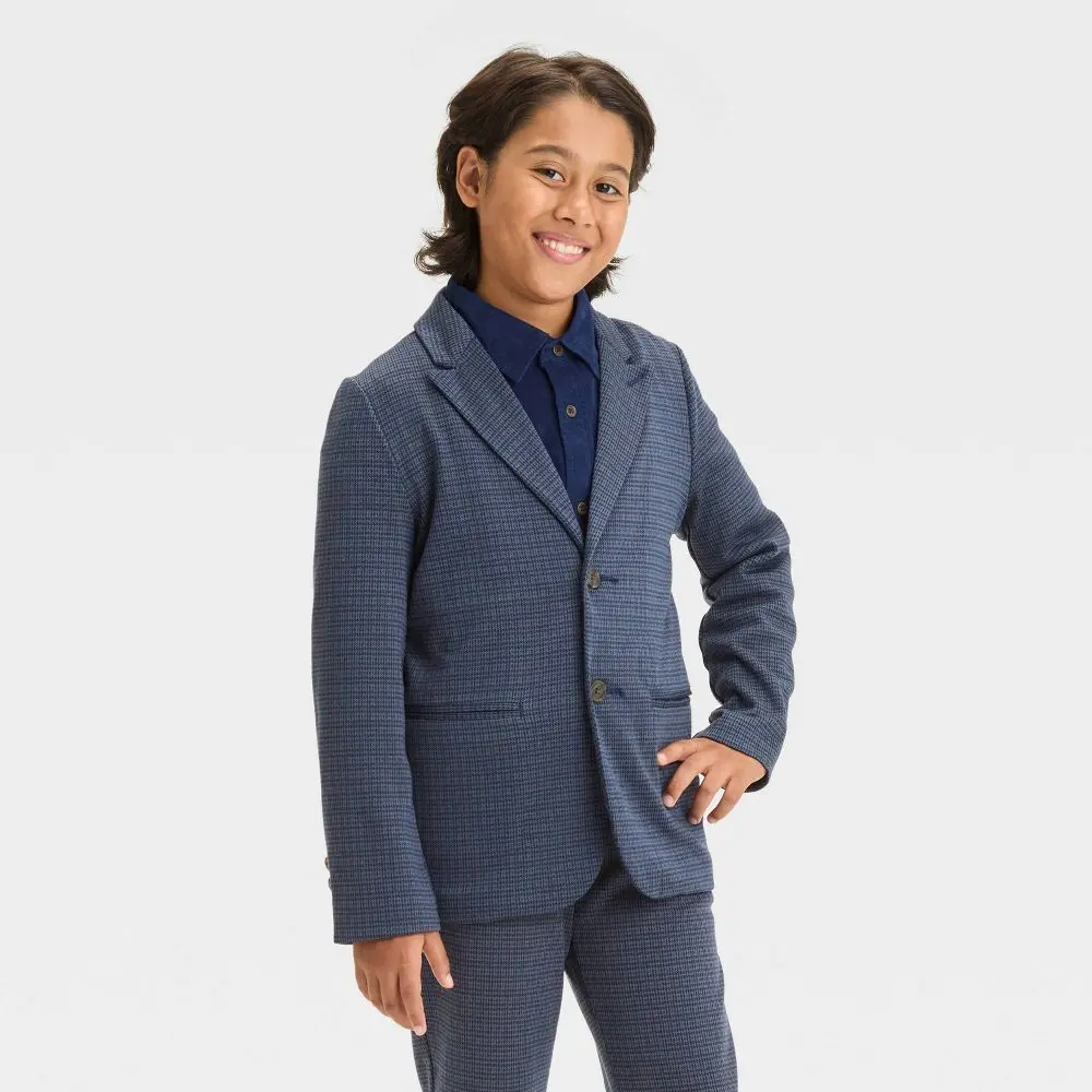 Boys' Knit Blazer - Cat & Jack Navy Blue 5: Heavyweight Jacquard Knit Houndstooth Pattern Front Button Down 2 Pockets