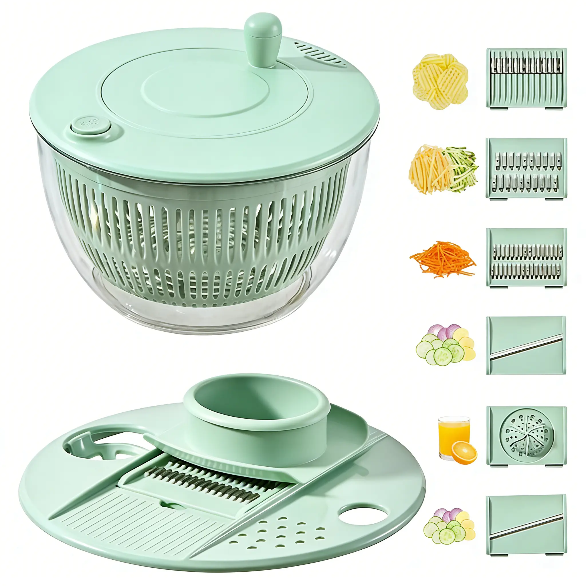 UFORU 3-in-1 Durable Large Salad Spinner Set - 5.3 Qt Kitchen Salad Bowl with Strainer, Lid, Garlic Blade, Vegetable Cutting Slicer, Egg Yolk Strainer, Spiralizer, Basket, Essential Kitchen Tool & Fruit Tool for Family Prep