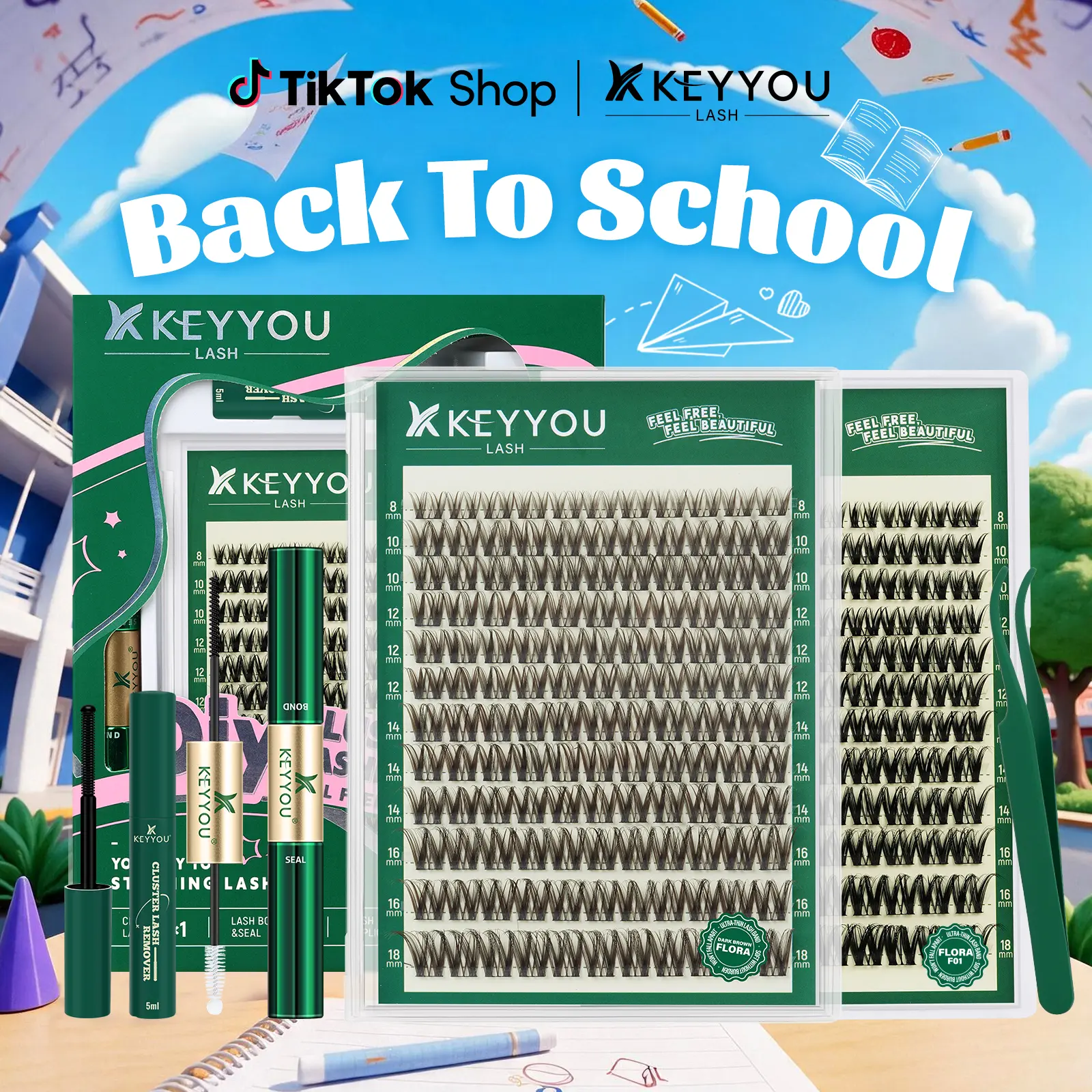 【Creator only】 KEYYOU Flora Lash Kit | Kim & Kylie D curl | Spider Lash | Volume Boosting | Waterproof | Long-Lasting | DIY Extensions | 132PCS Cluster Lashes | Soft | Easy DIY At Home | Ultra Thin Band #BackToSchool