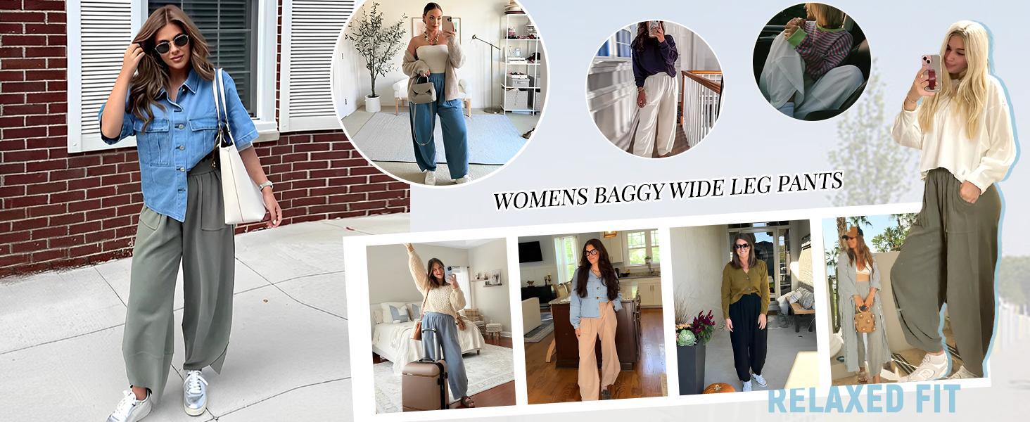 Tanming Bohemian Baggy Hippie Pants for Women - Comfortable Soft Elastic Waist Slacks - Wide Leg Lantern Trousers with Tulip Hem Detail