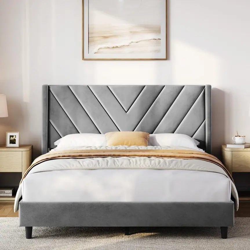 【Back To School】Yaheetech Full/Queen Platform Bed Frame - Modern Wingback Upholstered Diamond Tufted Headboard, Wooden Slat Support, No Box Spring Needed, Durable Construction, Easy Assembly, Stylish Bed Frame for Bedroom, Dorm Essentials & Home Decor