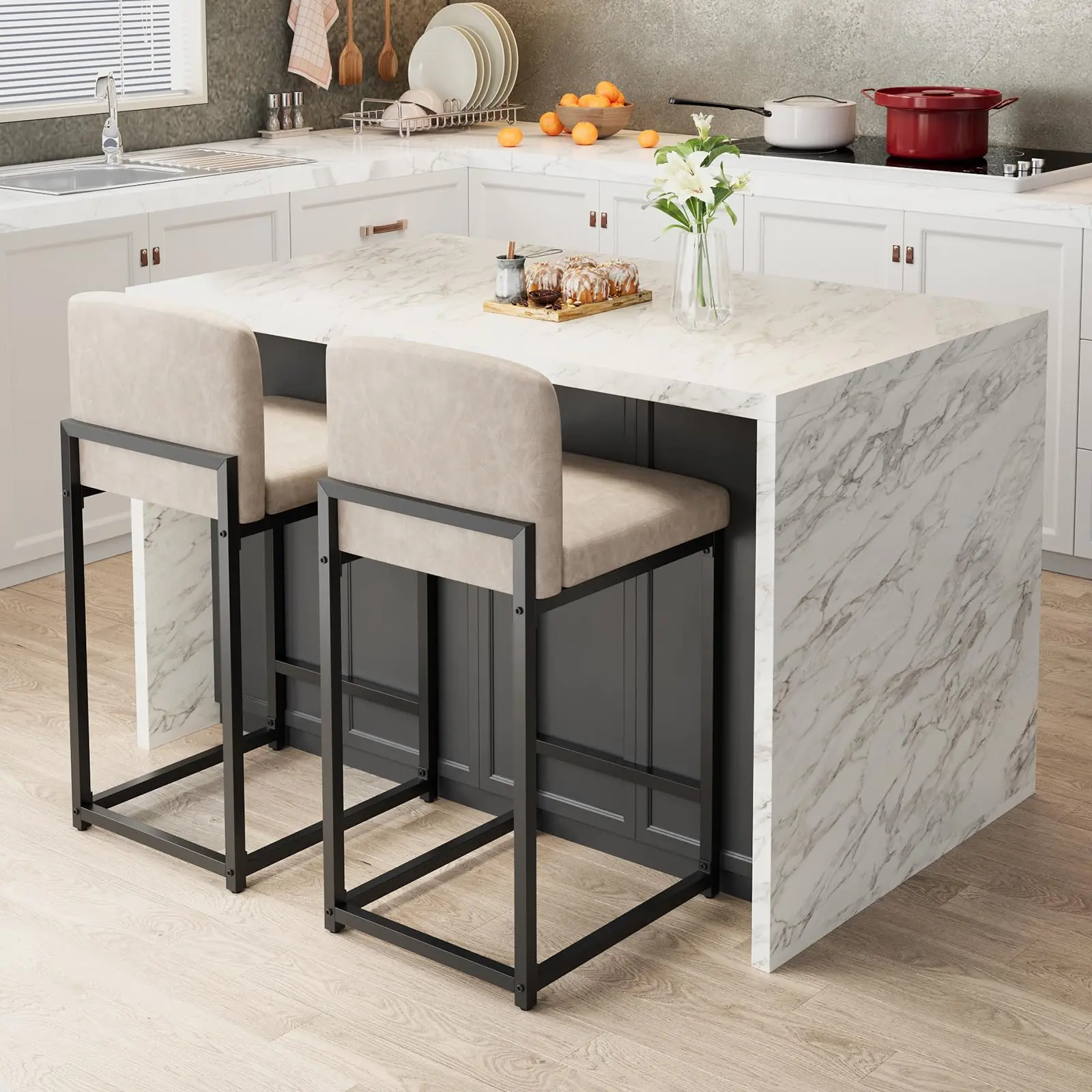 Set of 2 Counter Height Bar Stools – 24.8" PU Leather with Back – Modern Upholstered Island Chairs with Metal Legs – Perfect for Kitchen Island, Bar or Counter! 2,dorm essentials,home decor
