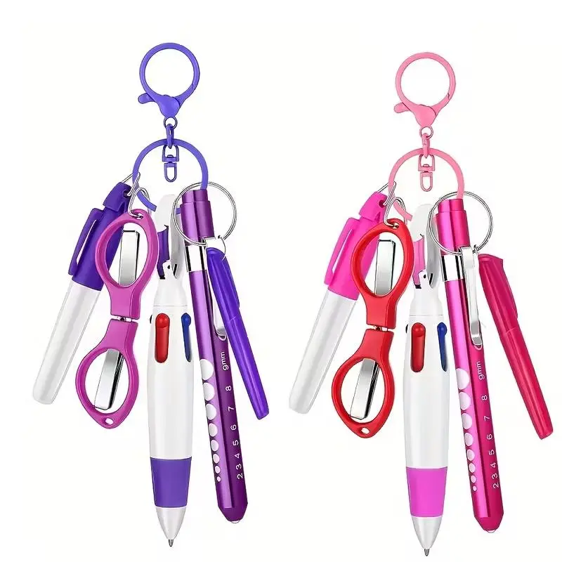 Nurse Multi-Tool Office Supplies Set - Durable Zinc Alloy Badge Reel, Keychain Clip, Compact Retractable Smooth Ballpoint Pen, Permanent Marker, Highlighter, Foldable Scissors - Gift for Hospital Workers (Compact Office Stationery), Badge Reels
