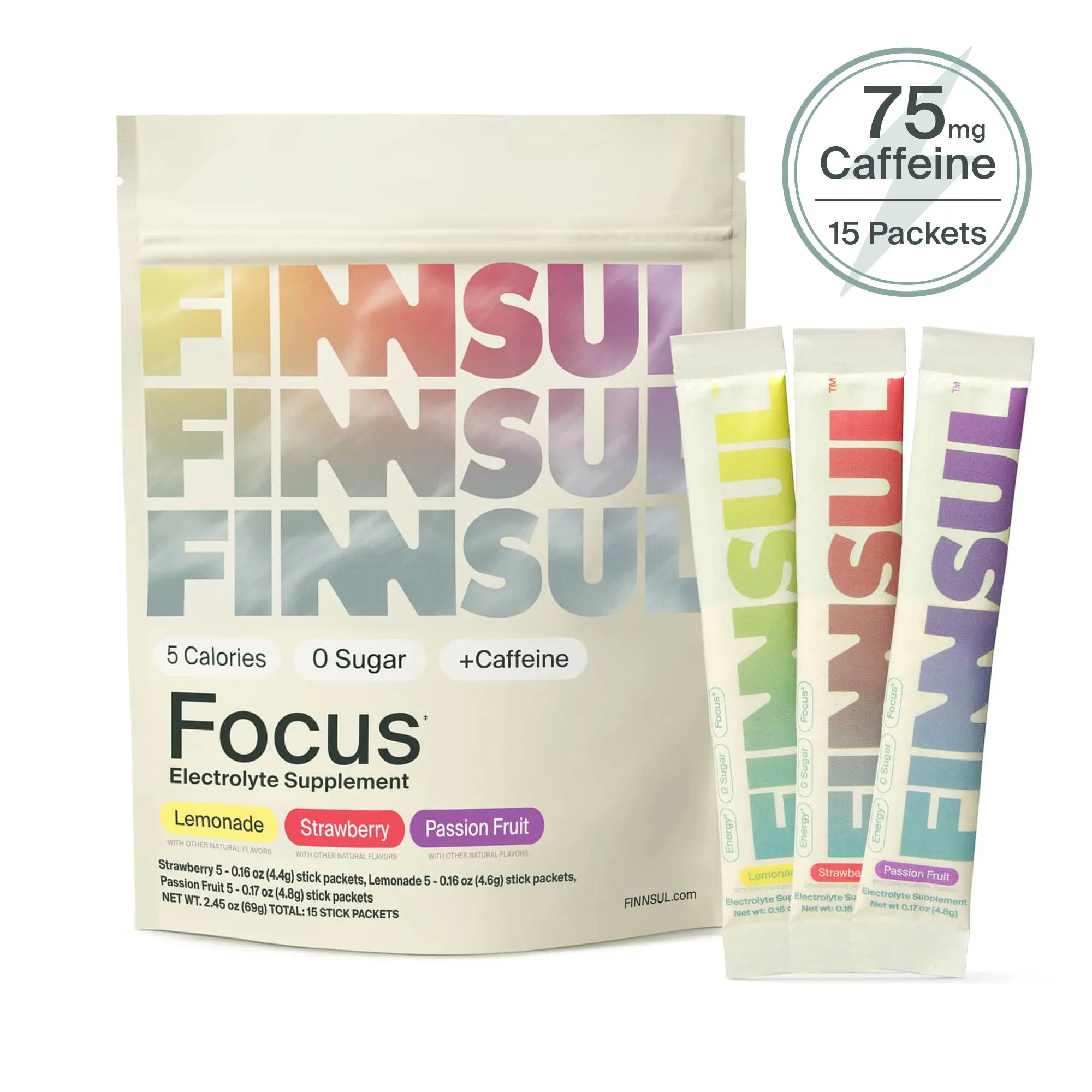 FINNSUL FOCUS Caffeine 15 Packets Electrolyte Drink Mix with Cognizin, Magnesium, Biotin, Vitamin B for Energy, Hydration & Mental Clarity — Supports Memory, Concentration  — Sugar Free, Low Calorie
