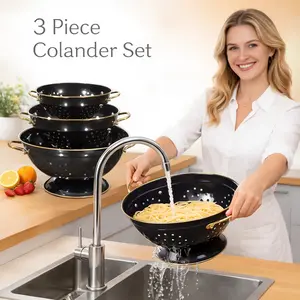 Kitchen Essential Metal Strainer Set Solid Base Powder Coated Metal Colander Set of 3 with Handles for Spaghetti Pasta Berry Vegetable Fruit Filtration Basket Holes