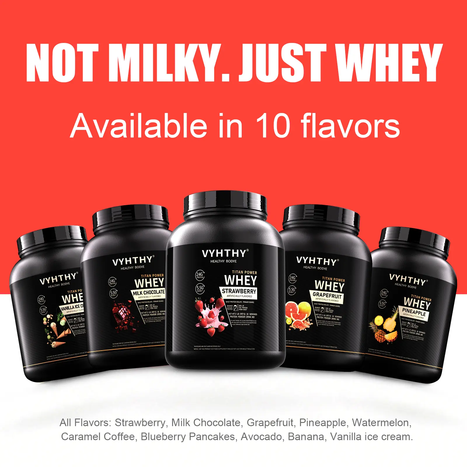 VYHTHY Whey Protein Powder - Strawberry Flavor, 24g Protein, 3.5g BCAAs, Sugar-Free, High-Quality Isolate & Concentrate Blend, Nutrition Supplement for Muscle Growth & Recovery