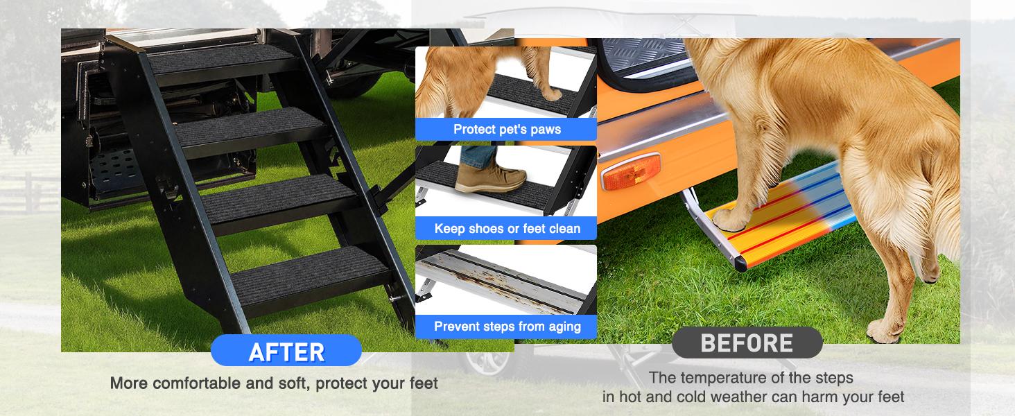 Nilight RV Step Covers 4 Pack 24 x 7.5 inches, Non Slip Camper Steps RV Step Rug with Hook & Loop Works on Electrical & Manual RV Stairs Carpet Rug for Mobile Home Camper Trailers Steps Outside, Gray