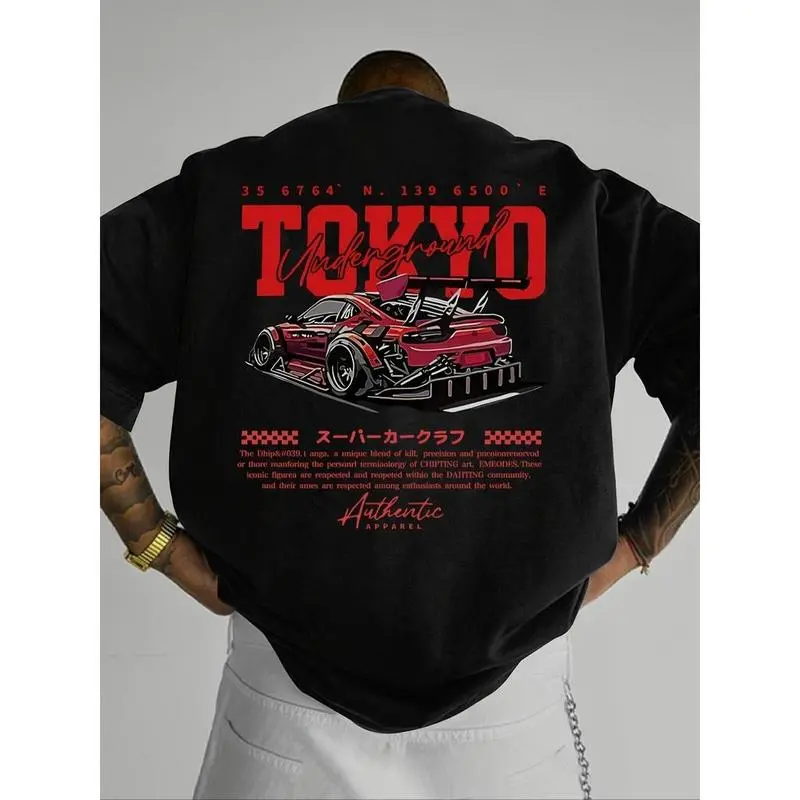 Men's Regular Fit Car & Letter Print Round Neck Tee, Street Fashion Casual Short Sleeve T-shirt for Daily Wear, Men's Top for All Seasons, Tropical, Streetwear Crewneck Tshirt