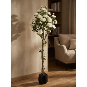 1.5-Meter Artificial Rose Tree, Realistic Silk Flower Plant with Plastic Trunk in Decorative Pot, for Indoor & Covered Outdoor Decor,White,Black Pot