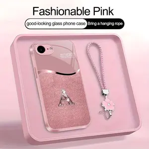 Luxury Pink Smartphone Casing with Lanyard & Initial Letter A-Z, iPhone 16e Cellphone Protection Accessories -975