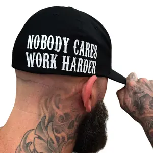 The Drive Clothing NOBODY Flexfit Cotton Side Style Hat - Fitted Black Hat With White Font, Original Flexfit Technology, Structured Six Panel Mid Profile Design, Premacurv Visor With Silver Undervisor For Everyday Streetwear Comfort