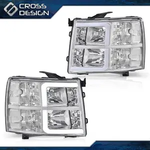 CROSSDESIGN Fit For 07-13 Chevy Silverado 1500 2500HD LED Bar Tube Projector Headlights DRL
