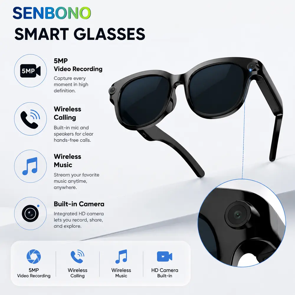 SENBONO Rectangular AI-Powered Smart Glasses - 8MP HD Digital Camera, HD Video, Bluetooth Wireless Calling, Voice Assistant, Real-Time Translation, for Casual & Cycling Use