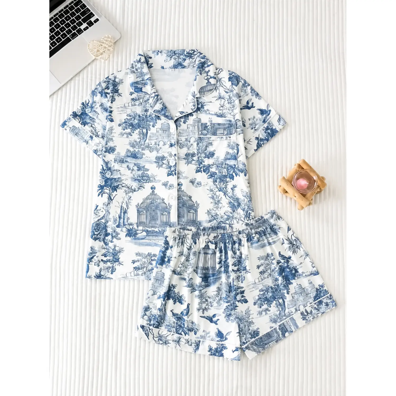 Elegant Two-Piece Women's Pajama Set with French Landscape Print, Premium Silk Fabric for Ultimate Comfort, Relaxed Fit Button-Down Loungewear and Shorts Combo