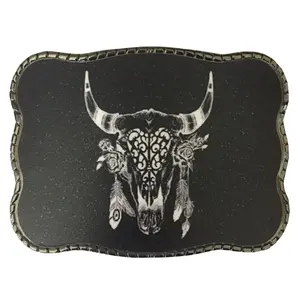 Black Cow Skull with Feathers